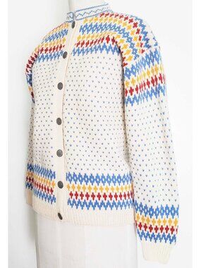Vintage Women's Norwegian Fair Isle Wool Knit Cardigan Ivory Blue Red Yellow S M